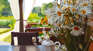 drawn summer background of cozy feast view from the gazebo clipart