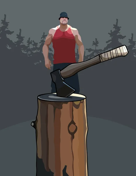 一个肌肉发达的卡通人物站在木头上的斧子旁边 — 图库矢量图片