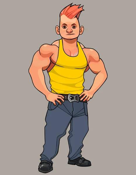 Desenho Animado Ruivo Muscular Homem Uma Camiseta Fica Mãos Quadris — Vetor de Stock