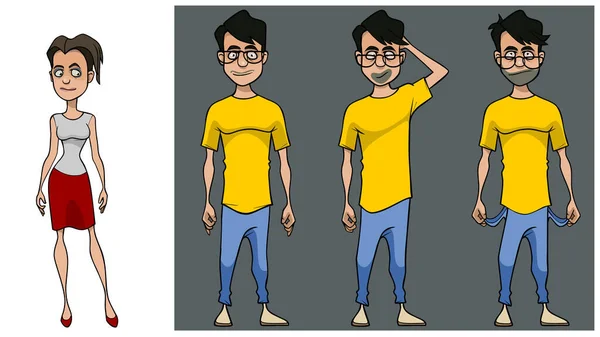 Καρτούν Άνθρωπος Γυαλιά Τρεις Διαφορετικές Στάσεις Και Μία Γυναίκα — Διανυσματικό Αρχείο