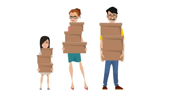 Moving Cartoon Family Dad Mom Daughter Standing Boxes Hands — Stock Vector