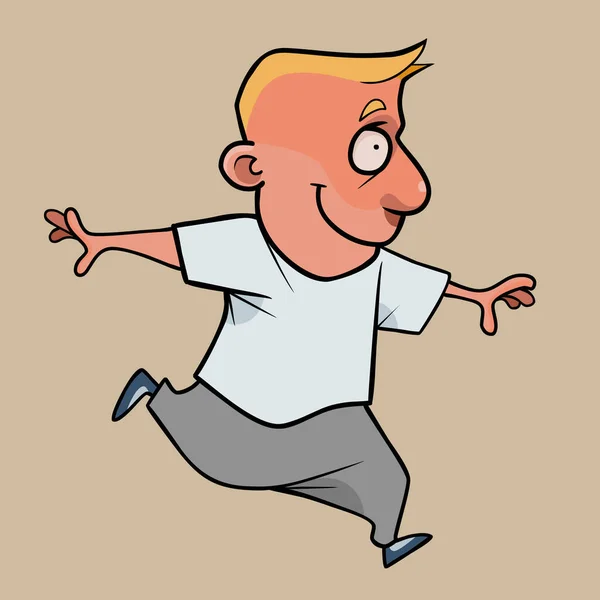 Funny Cartoon Smiling Boy Fun Jumping Waving His Arms — Stock Vector
