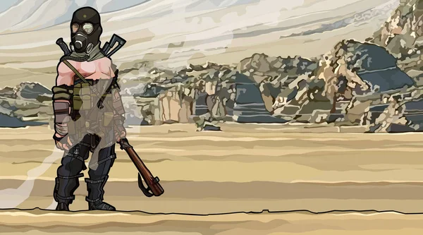 Cartoon Armado Homem Máscara Gás Apocalipse Sobrevivente Com Fundo Deserto — Vetor de Stock