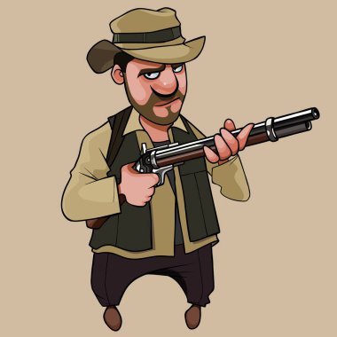 Çizgi film, şapka takan ve elinde silah tutan ciddi bir insan avcısı.