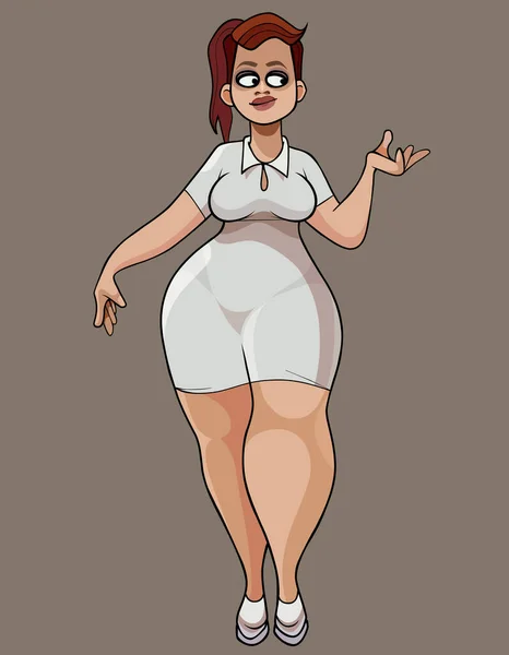 Kreslené Atraktivní Tlustá Žena Krátkých Lehkých Šatech Impozantně Gestikuluje — Stockový vektor