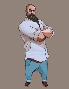 Serious cartoon bearded man in shirt and jeans stands with his arms crossed on his chest vector Serious cartoon bearded man in shirt and jeans stands with his arms crossed on his chest vector