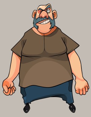 Komik karikatür ukala adam favorileriyle mutlu bir şekilde yumruklarını sıktı.