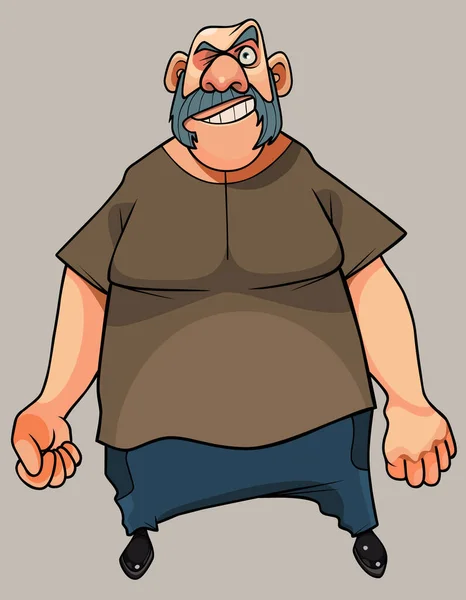 Divertido Caricatura Engreído Hombre Con Patillas Felizmente Mirando Puños Apretado — Vector de stock