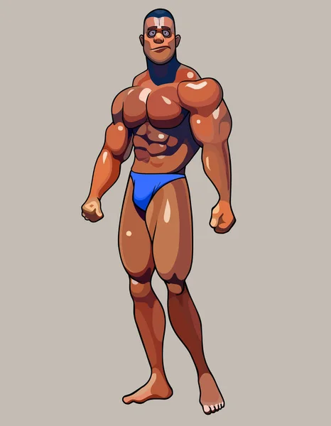 Desenho Animado Musculoso Homem Fisiculturista Posando Calções Banho Azuis — Vetor de Stock