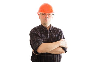 Kask izole bir adam inşaat üreticisi portresi 