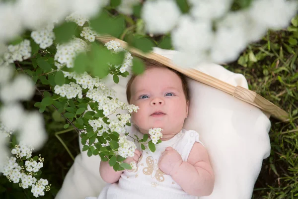 Horizontal picture of the smiling newborn baby outside in the blossoming garden — Stock Photo, Image
