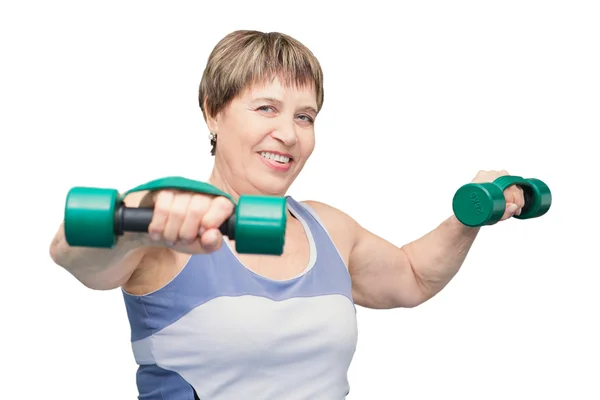 Portrét krásné starší ženy cvičící s činkami — Stock fotografie