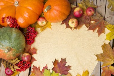 sonbahar arka yaprakları ve meyveleri ve kabak ile yatay