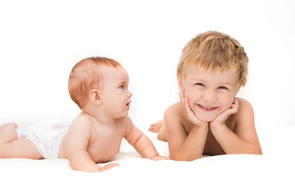 stock image portrait of little boy with newborn sister