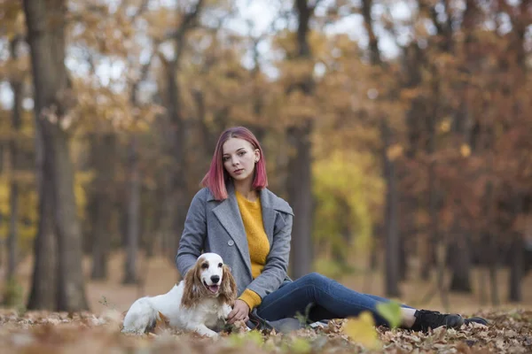 Mujer Joven Con Perro Parque —  Fotos de Stock