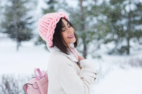 Beautiful Brunette Woman Warm Clothes Pink Hat Backpack Posing Winter Stock Picture