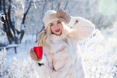Güzel kız kış yürüyüşünde sıcak çay ya da çikolata içer.