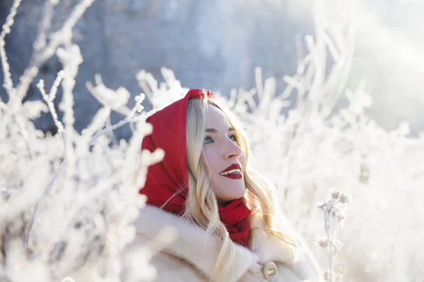 Hermosa Joven Sonríe Ríe Paseo Invierno —  Fotos de Stock
