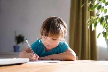 Çocuk bir dizüstü bilgisayar kullanıyor ve evdeki video öğretmeniyle internetten ders çalışıyor. Evde eğitim, uzak öğrenim