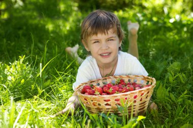 Yazın elinde çilek sepetiyle çimlerin üzerinde uzanan mutlu küçük çocuk. Mutlu küçük çocuk dışarıda eğleniyor..