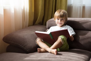 Sevimli küçük çocuk evde bir kanepede oturmuş kitap okuyor. Evde eğitim, uzak öğrenim