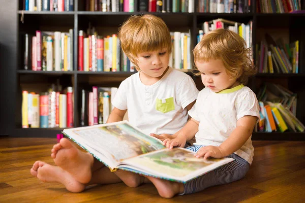Sevimli çocuk ve küçük kız kardeşi evde kitaplığın yanında kitap okuyorlar. 