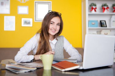  attractive young woman  designer  working with laptop in the home, drinking coffee. home office.