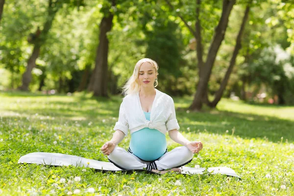 Joven Embarazada Haciendo Estiramiento Yoga Parque — Foto de Stock