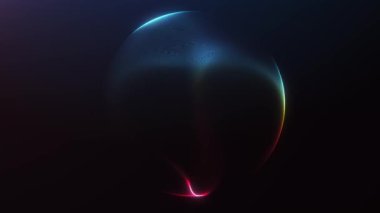 A smooth glowing sphere in red and blue gradient tones rotates in darkness, with soft luminous edges and elegant futuristic reflections.