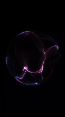 Kırmızı, mor ve mavi tonlarda, düz hareket ve yumuşak ışık yansımalarıyla dikey parlayan eğimli küre. Soyut 4K döngüsü.