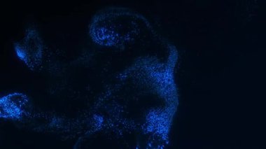 Karanlık uzayda hareket eden noktalar ve pürüzsüz soyut ışık enerjisiyle mavi parlayan parçacık hareketi arka planı. 4K içindeki dijital parçacıklar canlandırması.