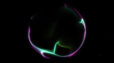 Yumuşak enerji yansımaları ve akışkan hareketi olan parlak pembe ve yeşil sıvı küre. 4K içinde soyut parlak küre döngü animasyonu.