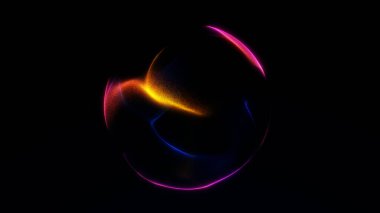 Koyu arkaplanda pembe, sarı ve mavi neon renkleri olan parlak bir küre. Soyut geleceksel küre tasarımı.