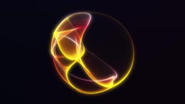 Siyah zemin üzerinde yumuşak beyaz neon çizgileri olan parlak kırmızı ve turuncu parlak küre. 4K döngüsünde soyut geleceksel enerji küre hareketi.