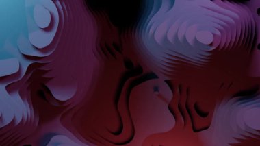 Mavi ve kırmızı tonlarda pürüzsüz eğimli yüzeylere sahip üç boyutlu arazi. Katmanlı dalgaların gelecekteki hareket döngüsü sürekli akan animasyonlarda dijital tepeler ve vadiler oluşturuyor..