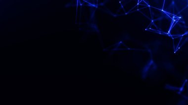 Mavi parlayan noktalar ve birbirine bağlı çizgiler soyut dijital ağ yapısını oluşturuyor. Veri akışını, teknoloji iletişimini ve siber geometriyi görselleştiren geleceksel arkaplan