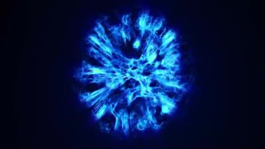 Patlayan mavi enerji küresi karanlık uzayda dinamik plazma patlaması oluşturuyor. Parlayan hareket çizgileri, elektrik dalgaları ve güçlü fütüristik ışık patlaması olan soyut 4K döngüsü