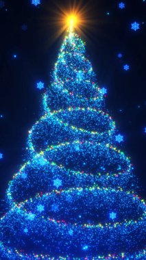 Renkli ışıklardan oluşan dikey parlayan Noel ağacı ve üzerinde parlayan bir yıldız. Neşeli, büyülü ve tatil ruhuyla dolu parlak kış arkaplanı.