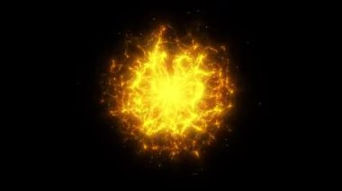 Parlak çekirdekli ve dönen parçacıkları olan altın enerji plazma alanı. Dinamik teknoloji, bilim kurgu ve soyut hareket tasarımı için kusursuz döngü.