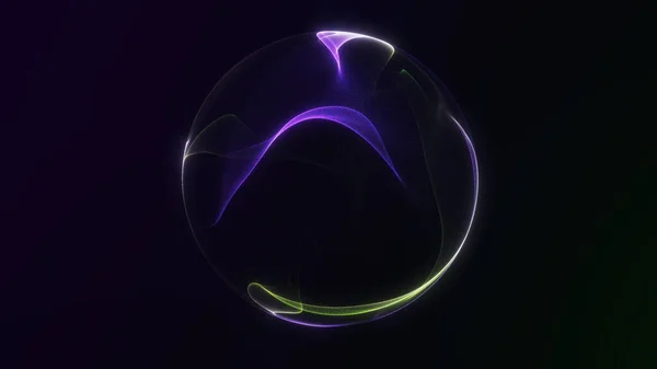 Karanlık bir zemin üzerinde pürüzsüz mor ve yeşil fraktal dalgalara sahip soyut parlayan küre, akışkan hareket ve neon derinliği ile yumuşak fütüristik bir estetik yaratır..