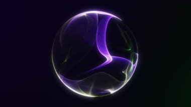 Parlak mor ve yeşil fraktal dalgaları koyu fütüristik bir arkaplan üzerinde sorunsuzca hareket eden soyut küre döngüsü.