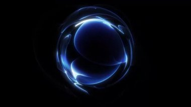 Dinamik fraktal dalgalarla parlayan mavi küre ve akışkan enerji desenleri koyu arkaplanda gelecekteki parçacık yapısını oluşturuyor..