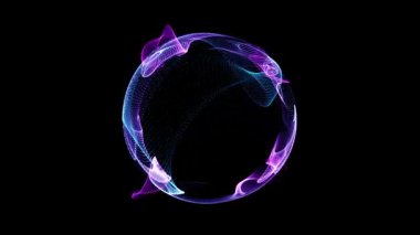 Dalgalı mavi ve mor fraktal çizgilerden oluşan soyut küre parlak derinlik ve enerji alanı hareketiyle pürüzsüzce akıyor.