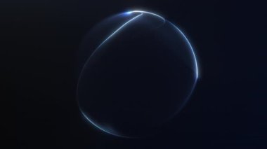 Karanlık uzayda minimum donanma mavisi parlayan enerji küresi animasyonu. Püristik soyut tarzda pürüzsüz plazma ışığı akışı. Hareket geçmişi ve bilim kurgu görüntüleri için kusursuz 4K döngüsü.