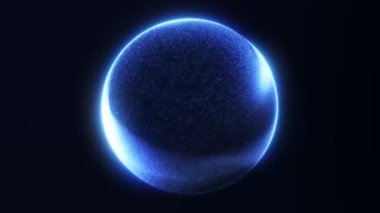 Pürüzsüz sıvı hareket halinde mavi parçacık küre parlak dalgalar ve parlak bir çevre oluşturur. Soyut ve teknolojik görsel sahneler için uygun yumuşak neon enerji akışına sahip kusursuz döngü.