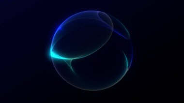 Pürüzsüz fraktal kıvrımları ve koyu arkaplanda yumuşak neon ışığı olan parlak mavi-yeşil minimal bir küre. Sıvı gradyan ve zarif soyut şekilli temiz fütüristik enerji tasarımı.