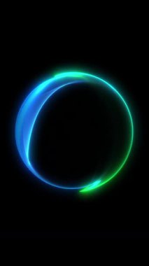 Parlayan neon kenarları ve pürüzsüz minimum hareketi olan dikey yeşil eğimli küre. Yumuşak sıvı aydınlatma ve dijital enerji akışı ile temiz geleceksel soyut animasyon.