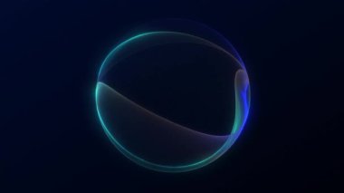 Pürüzsüz neon kıvrımlı ve parlak kenarlı mavi-yeşil fraktal küre. Zarif akışkan hareket ve dijital enerji akışına sahip temiz fütürist soyut animasyon.