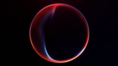 Karanlıktan yükselen parlak turuncu ve mavi neon kıvrımlı yüksek kontrastlı fütüristik küre. Sinema enerjisi ve pürüzsüz akan ışıkla soyut parlayan küre.