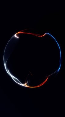 Karanlıktan çıkan mavi ve turuncu neon çizgili fraktal parlak küre. Fütürist sinematik enerjisi ve canlı akışkan ışığı olan dikey soyut küre.
